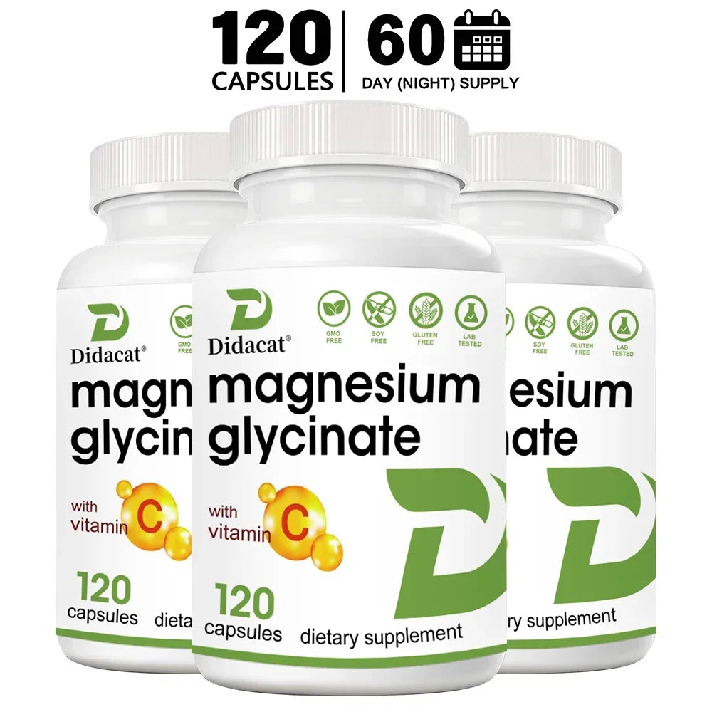 Magnesium Glycinate Capsules with Vitamin C, High Absorption, Supports Muscle Relaxation Nerve Bone & Heart Health, Antioxidant Peaceful Pleasures Health and Wellness 120 count-3 bottle