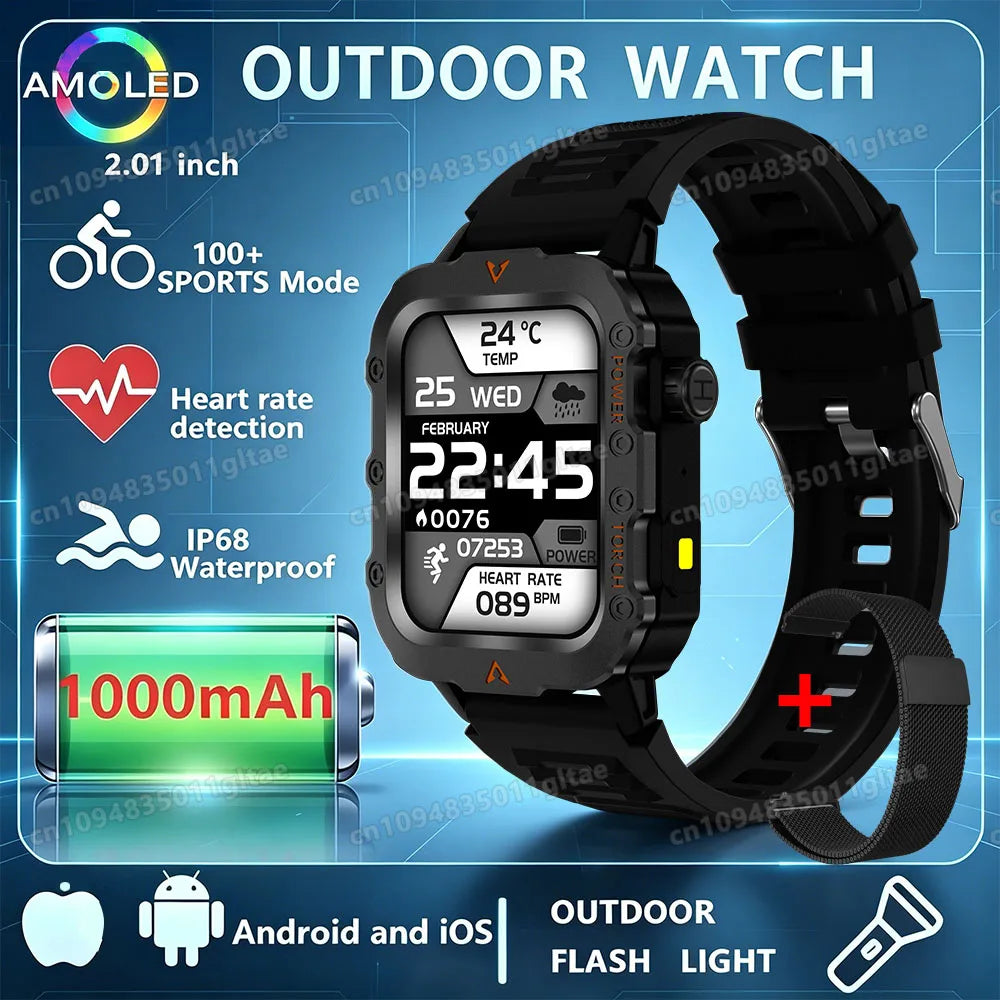 2026 New Military Outdoor Smart Watch Men's GPS Flashlight Bluetooth Call 2.01" AMOLED Screen 3ATM Waterproof Sports Smartwatch Peaceful Pleasures Health and Wellness Bk22Milan 1 Smartwatch