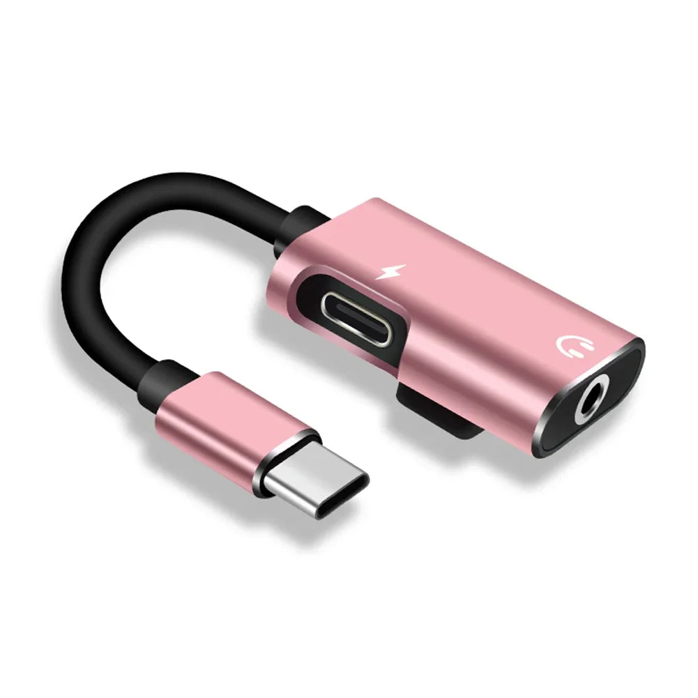 2-in-1 USB-C to 3.5mm Jack Adapter Type C Audio Splitter Headphone Charger Dongle for Xiaomi Huawei Type C Phones Peaceful Pleasures Health and Wellness Rose gold