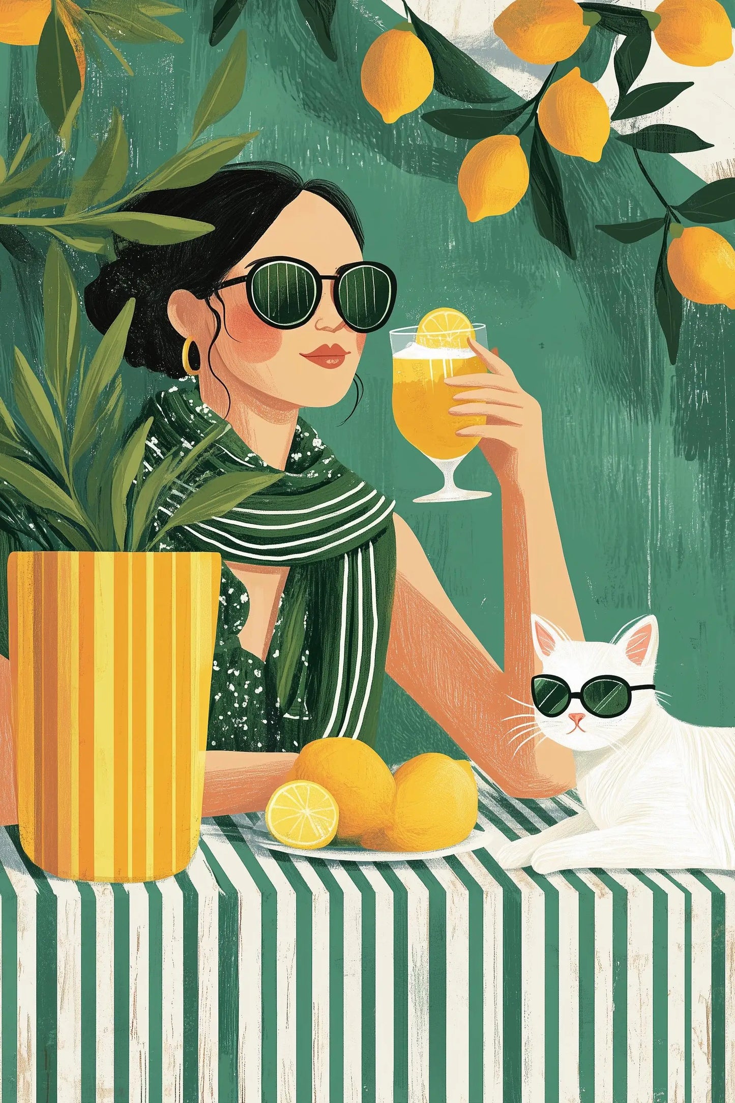 Italian Summer Woman Aperol & Lemon Tree Watercolor Canvas Art