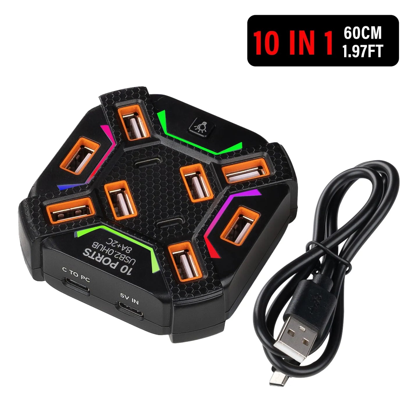USB 2.0 Hub 7/10 Port High Speed Multi-Port Splitter with Individual LED Switches, Plug and Play for PC Mouse Keyboard USB Peaceful Pleasures Health and Wellness 10 Ports Black 0.6m
