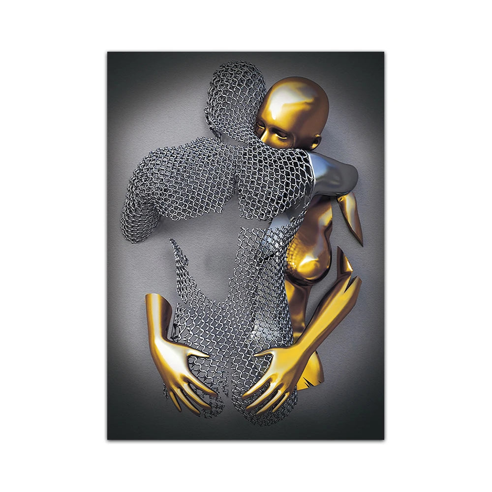 Metal Figure Golden Statue Art Canvas Painting Romantic Abstract Lovers Posters and Prints Wall Pictures Modern Home Decor Gifts Peaceful Pleasures Health and Wellness QP10730 60x90cm No Frame