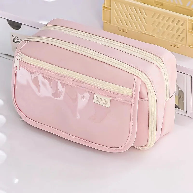 Pink Pencil Case Large Capacity 3 Compartments School Pencils Bag Zipper Pen Pouch Back To School For Girls Stationery Supplies Peaceful Pleasures Health and Wellness Pink