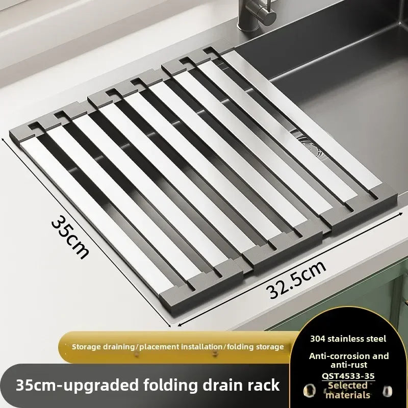 Foldable Over-Sink Drying Rack – 304 Stainless Steel & Silicone Roll-Up Dish, Fruit & Vegetable Drainer