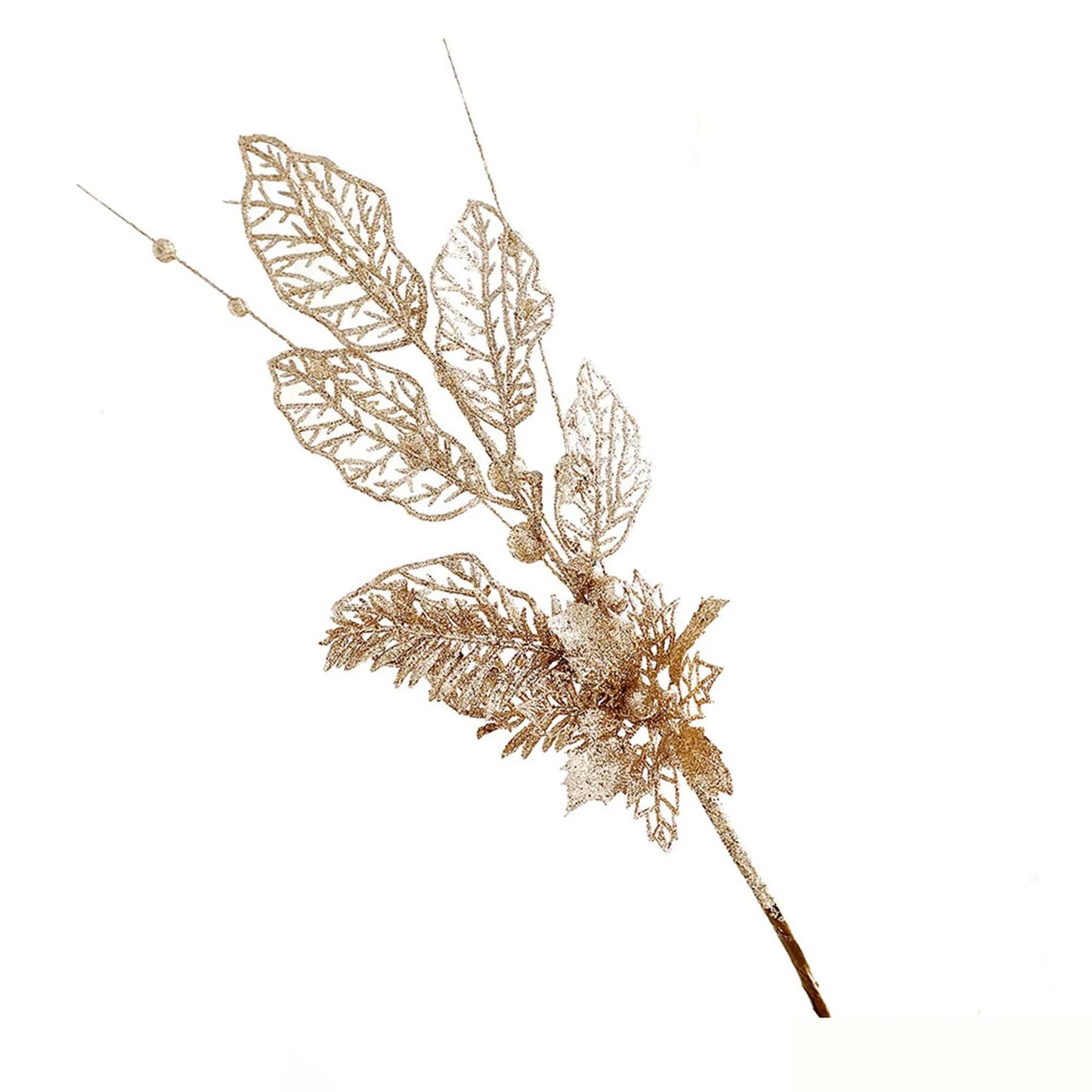 Christmas Tree Decoration Gold Lily Branch Home Decor Xmas Artificial Flower Leaves Berry Plug-In Glitter Fake Berries Branches Peaceful Pleasures Health and Wellness Champagne One Size