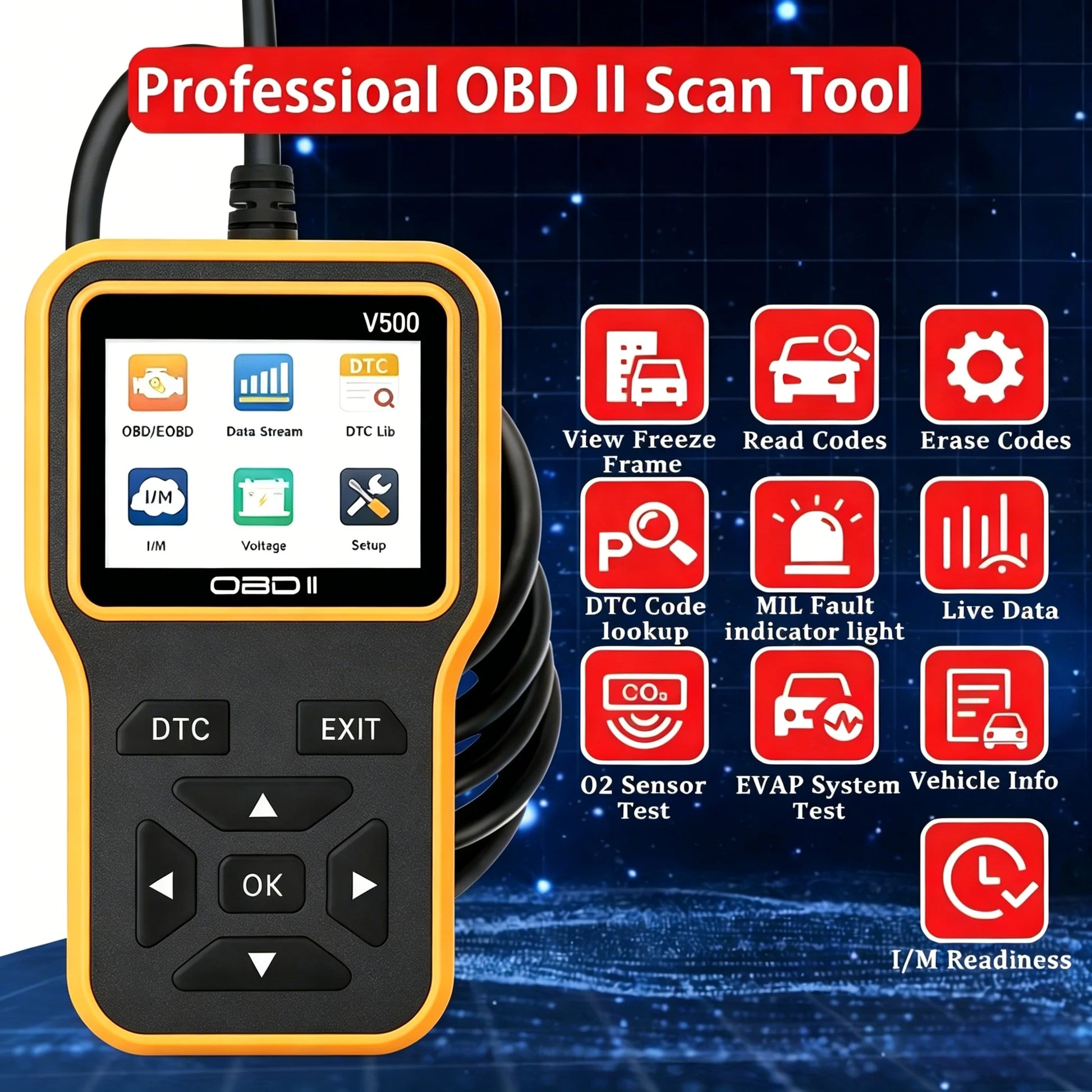 V500 Obdii Scanner Automotive Diagnostic Tool Engine Code Reader Erase Fault Codes Battery Voltage Charging Test for Cars Peaceful Pleasures Health and Wellness