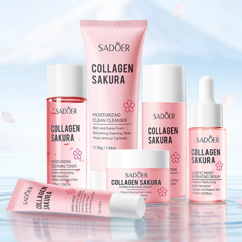 Collagen 6-piece Travel Skincare Set Gentle Cleansing Soothe Toner Hydrate Serum Nourish Face Cream Eye Cream Portable Mini Kit Peaceful Pleasures Health and Wellness Travel Set 6 Pieces