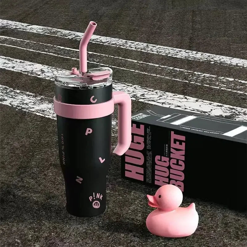High Appearance 304 Stainless Steel Giant Thermos Cup with Large Capacity with Handle and Straw Ice Cream Cup Car Water Cup Peaceful Pleasures Health and Wellness