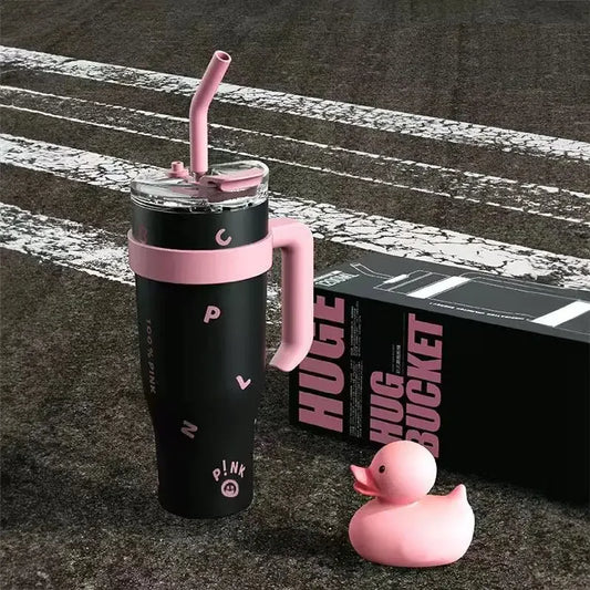 High Appearance 304 Stainless Steel Giant Thermos Cup with Large Capacity with Handle and Straw Ice Cream Cup Car Water Cup Peaceful Pleasures Health and Wellness