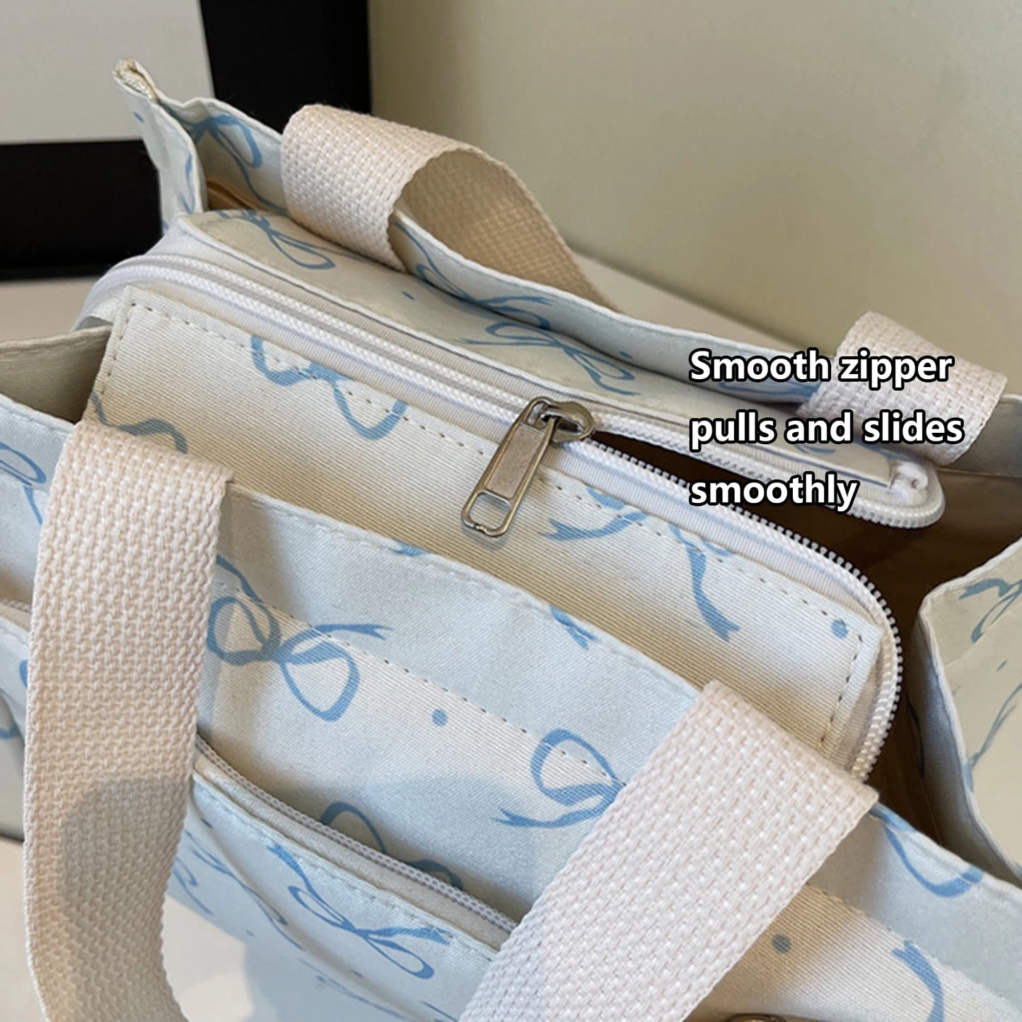 Canvas Lunch Bag With Bow Pattern Pendant Lightweight Bento Tote For Women For Office Commute Travel Picnic Food Storage Peaceful Pleasures Health and Wellness