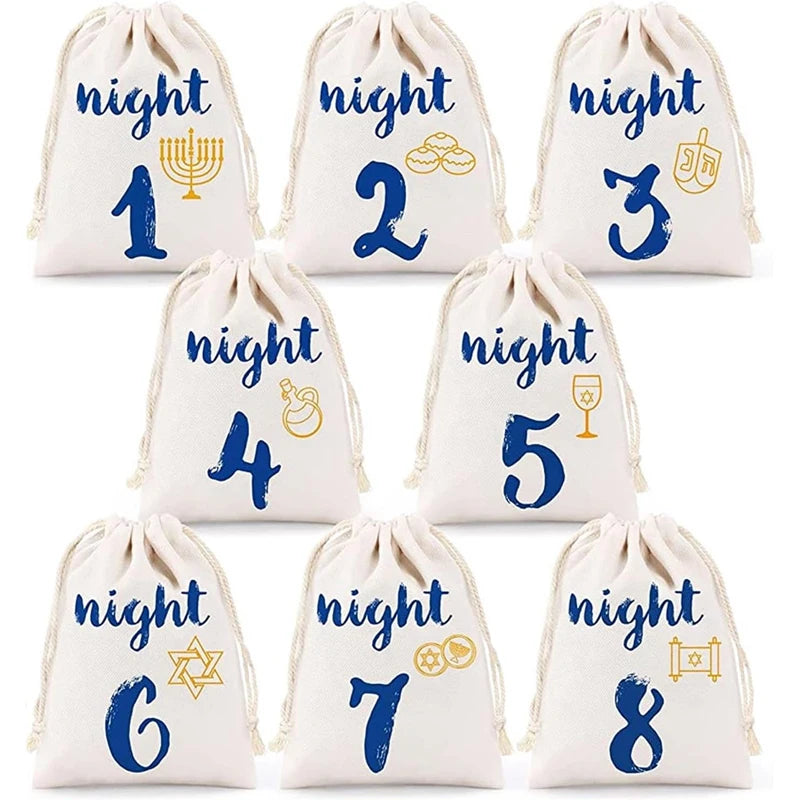 8 Nights Hanukkah Drawstring Bags | Chanukah Countdown Pouches Holiday Countdown Pouches Peaceful Pleasures Health and Wellness 1 to 8 bags 13x18cm