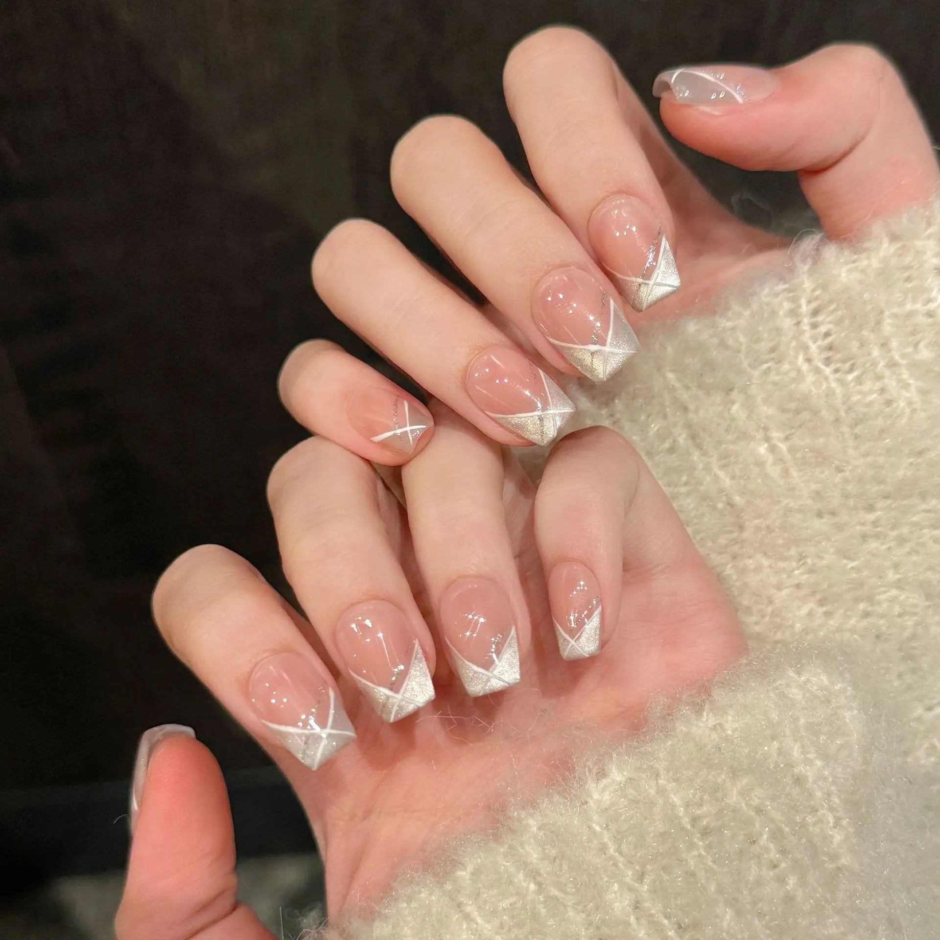 Handmade Press on Nails Short French White Cat Eye False Nails Daily Wearable Sweet Korean Shiny Powder Design Fake Nail Tips Peaceful Pleasures Health and Wellness short S