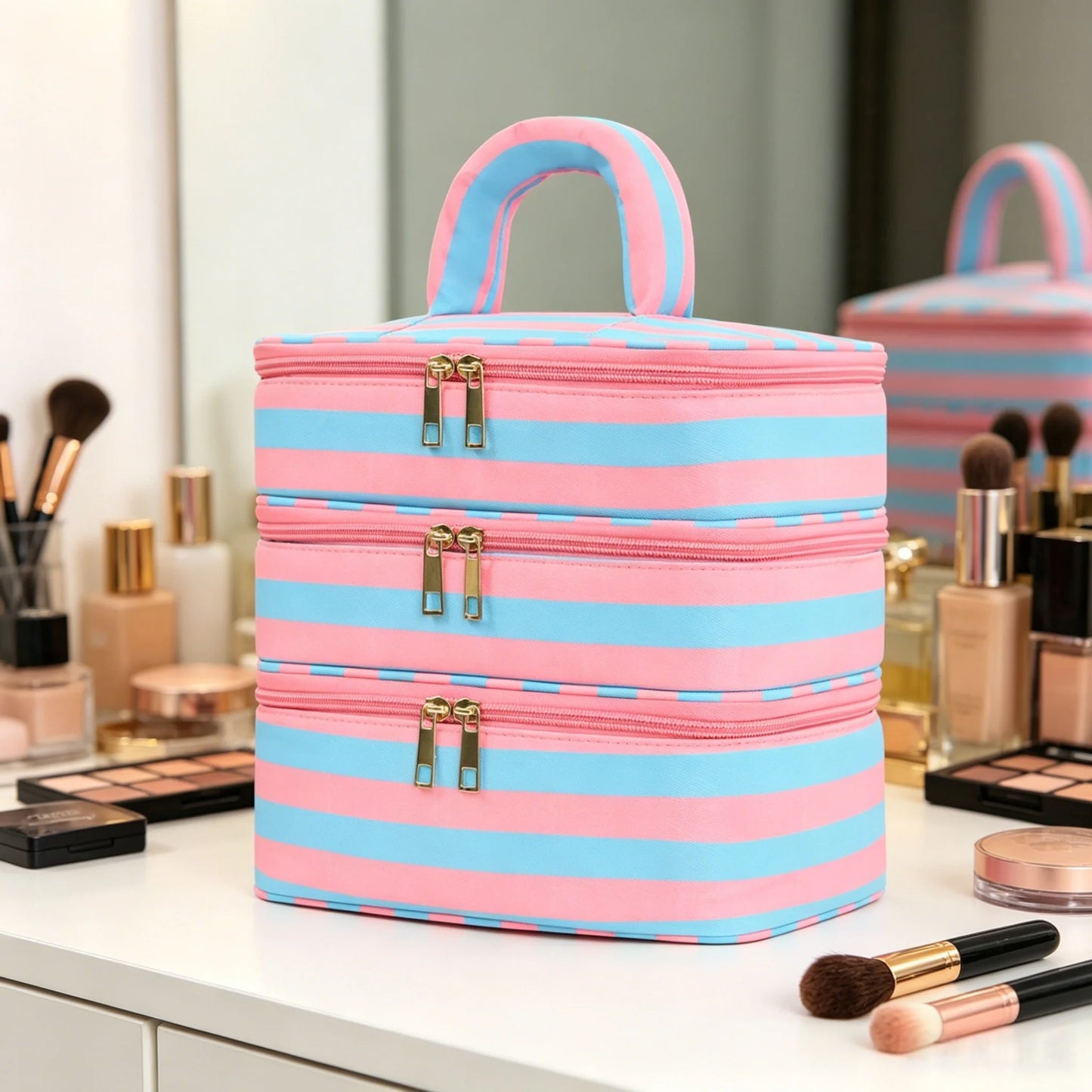 Large 3-Layer Travel Makeup Bag Organizer with Handle