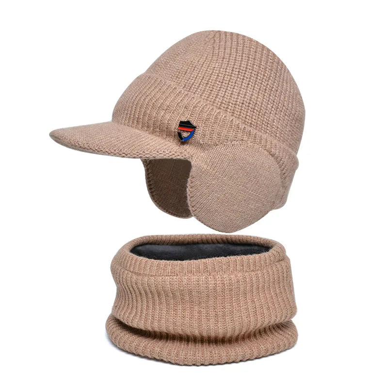 Winter Knitted Balaclava Hat & Scarf Set Thermal Lined Beanie, Ear Protection, Unisex Cold Weather Face Mask for Outdoor Sports Peaceful Pleasures Health and Wellness Khaki 56-60cm