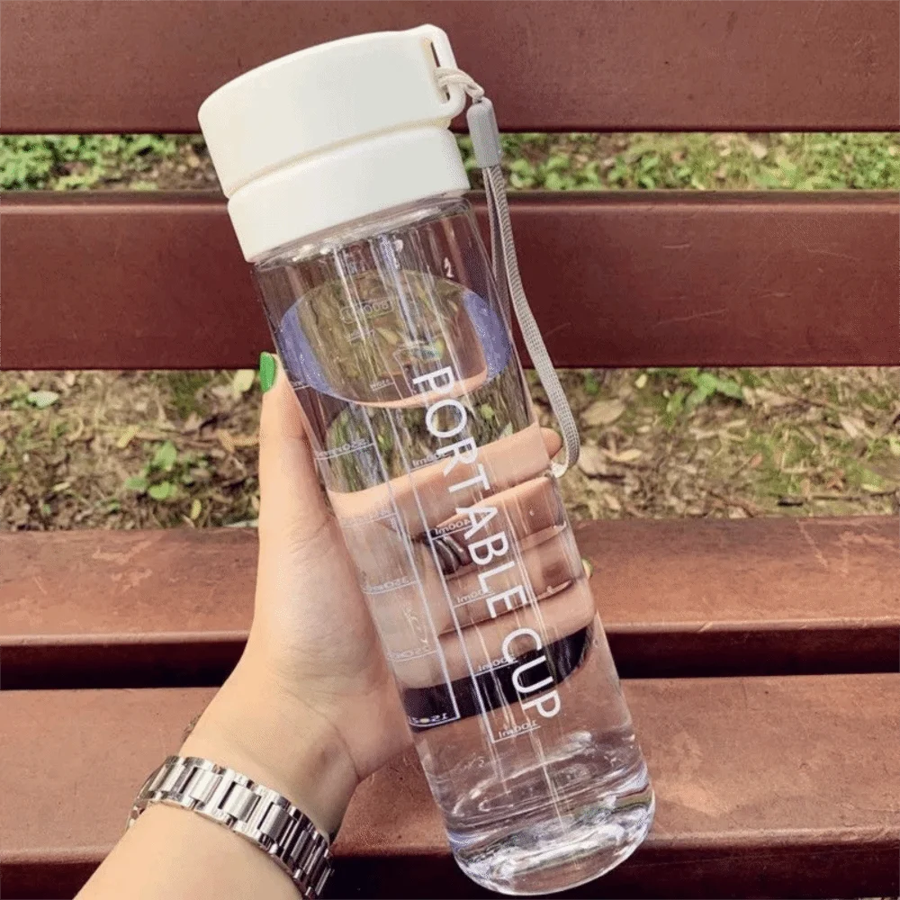 New Transparent Water Cup 800ML Large Capacity Sports Water Bottle with Lanyard Frosted Plastic Cup Kids Peaceful Pleasures Health and Wellness White-800ml