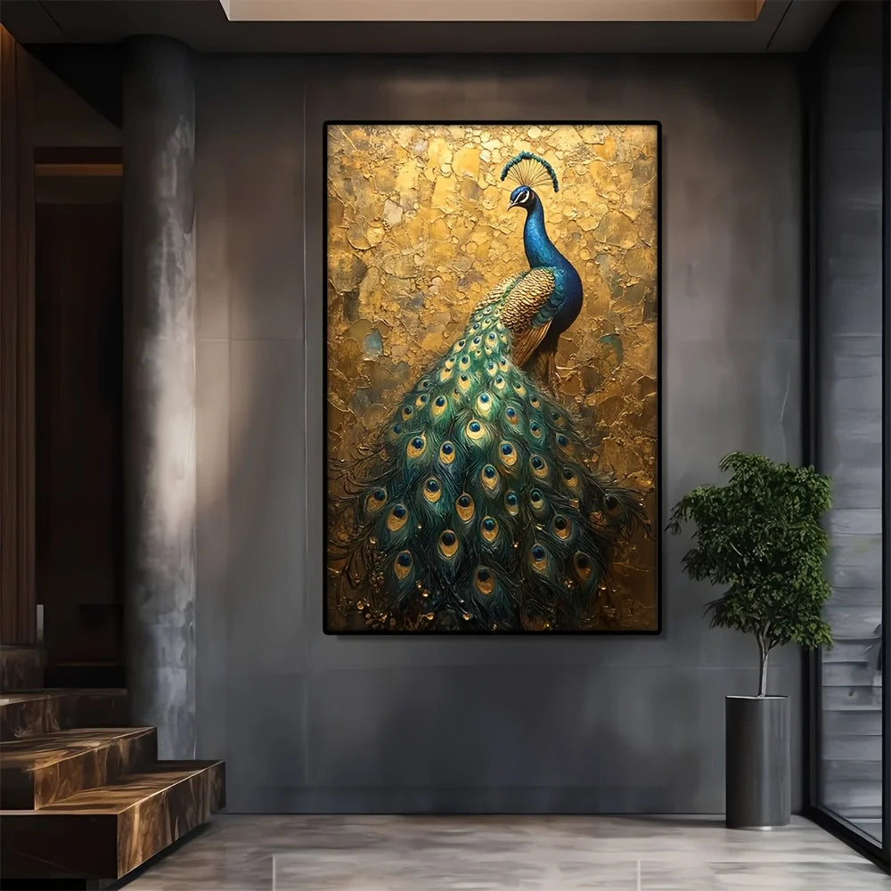 Peacock Vibrant Blue And Green Feathers On Golden Large Wall Art Home Decor Canvas Painting For Bedroom, Living Room, Office Peaceful Pleasures Health and Wellness ZLH4874 20x30cm No Frame