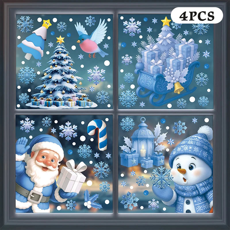 Blue Christmas Window Clings – Santa, Snowflakes & Reindeer Set