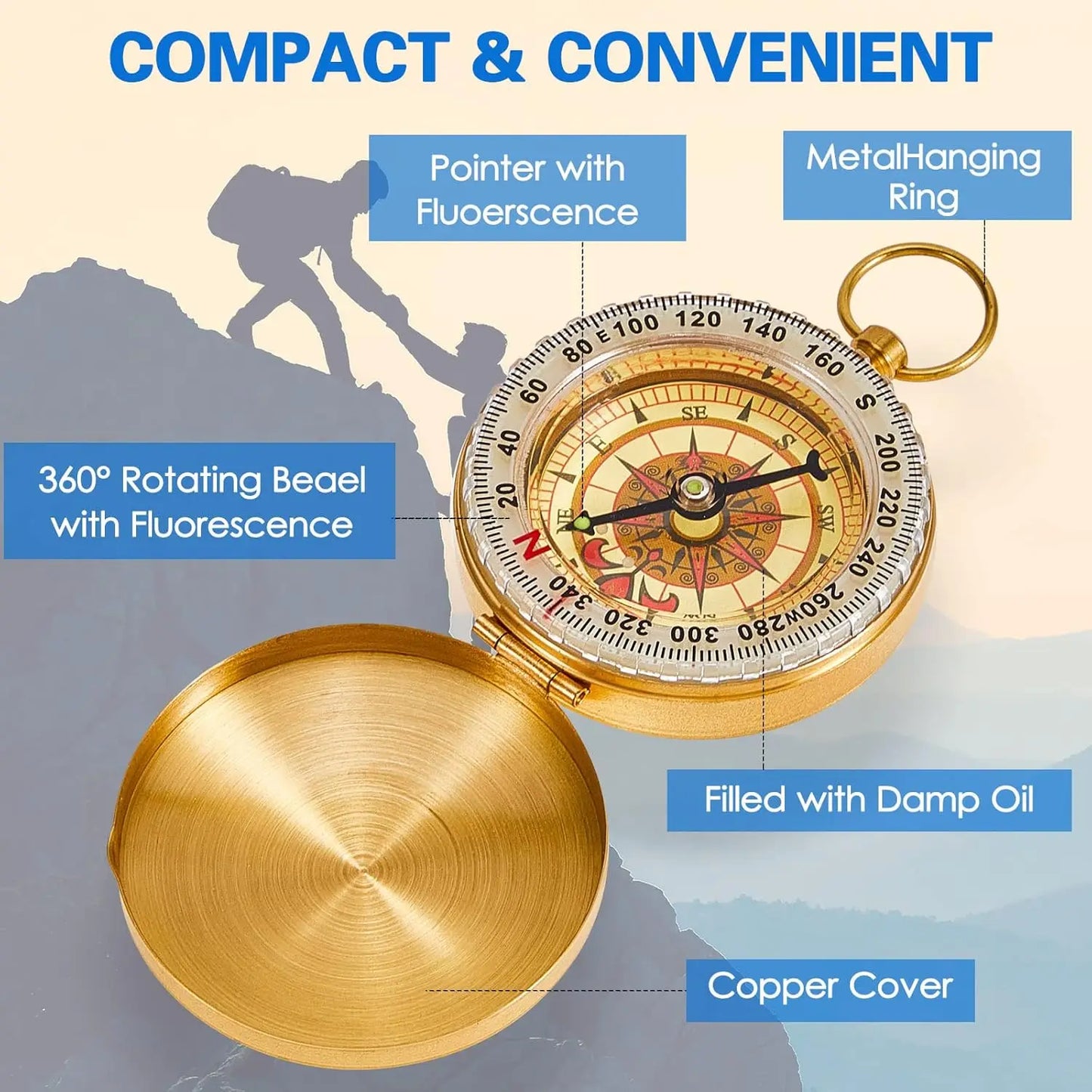 Camping Compass Metal Pocket Brass Golden Compass for Hiking Camping Hunting Outdoor Navigation Survival Tool Peaceful Pleasures Health and Wellness