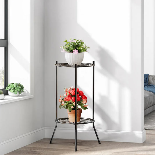 2-Tier Retro Metal Plant Stand | Black Indoor & Outdoor Rack Metal Plant Stand Peaceful Pleasures Health and Wellness United Kingdom