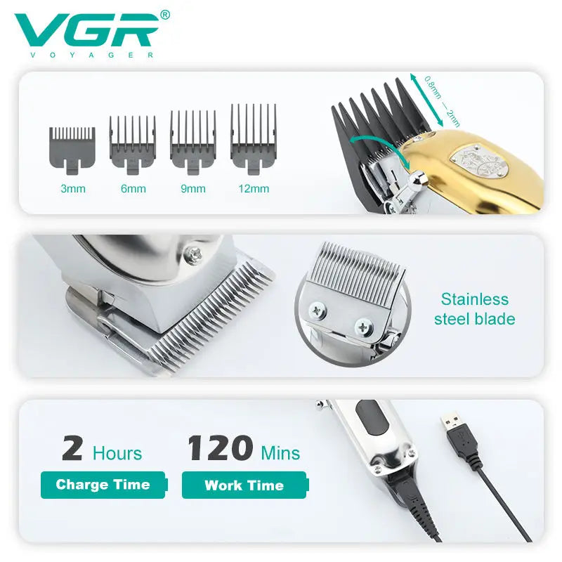 VGR metal hair trimmer electric hair clipper USB intelligent digital hair clipper hair salon home electric push shear V-652 Peaceful Pleasures Health and Wellness