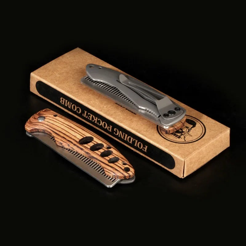 Solid Wood & Metal Folding Beard Comb for Men, Portable Pompadour Styling Grooming Kit, Barber-Grade Travel Hair Mustache Comb Peaceful Pleasures Health and Wellness