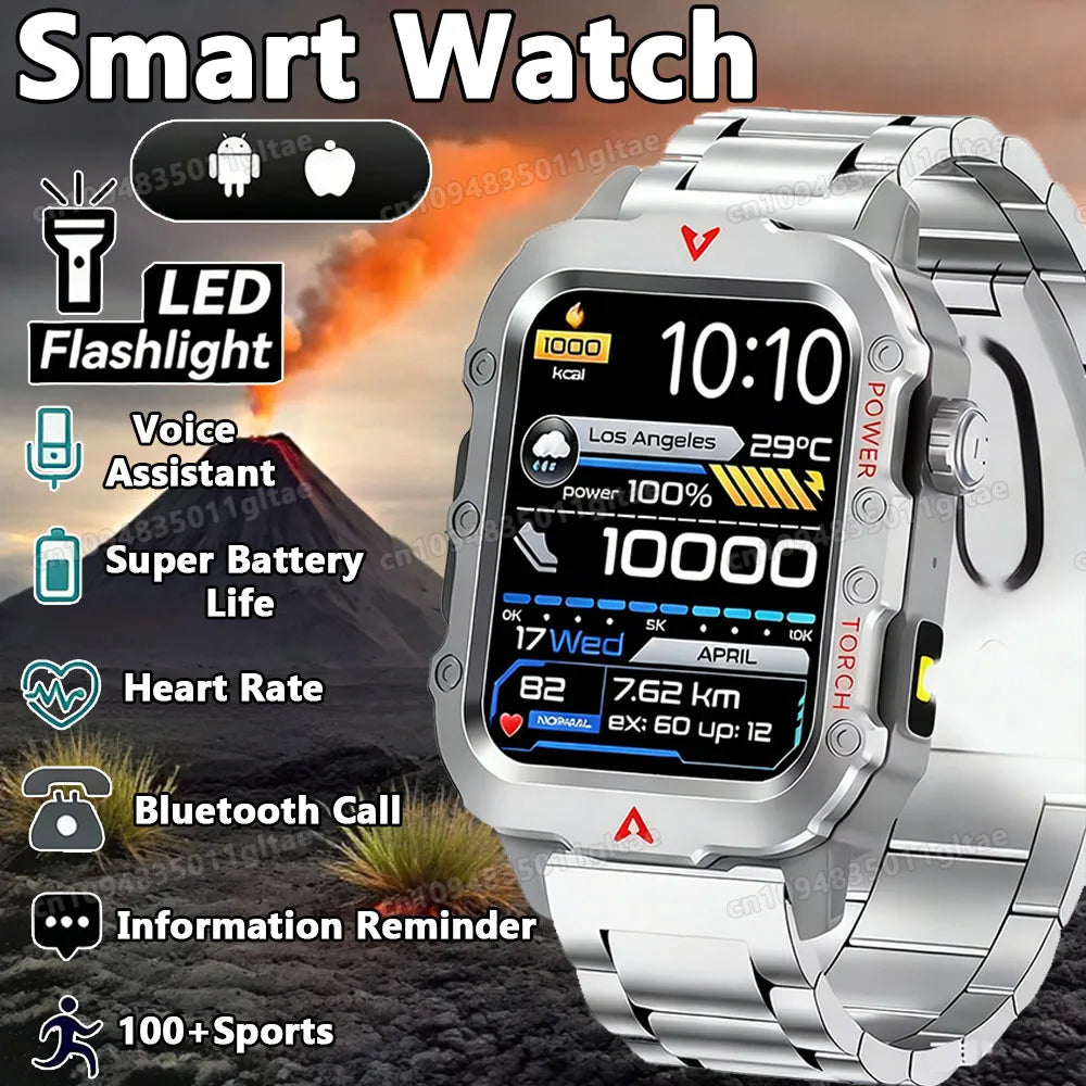 2026 Rugged Military Smart Watch Men's Outdoor Watch LED Flashlight 2.01'' HD Touch Screen Voice Bluetooth Call Smartwatch Gifts Peaceful Pleasures Health and Wellness