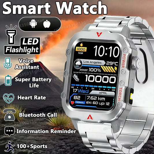 2026 Rugged Military Smart Watch Men's Outdoor Watch LED Flashlight 2.01'' HD Touch Screen Voice Bluetooth Call Smartwatch Gifts Peaceful Pleasures Health and Wellness
