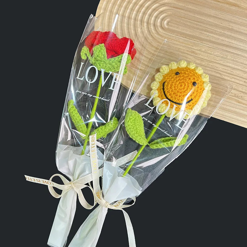 Handmade Crochet Sunflower Rose Bouquet | Wool Knitted Flowers