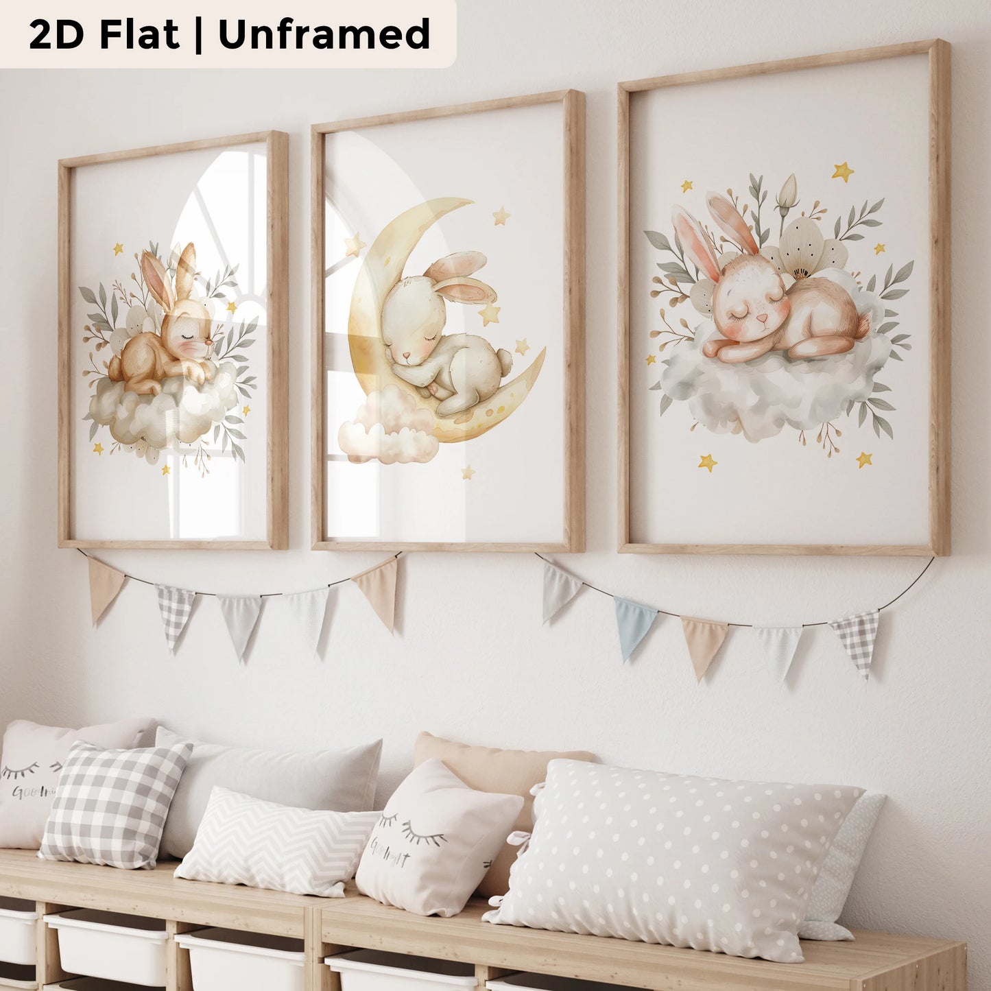 3-Piece Moon Rabbit Canvas Wall Art Print | Kids Room Décor