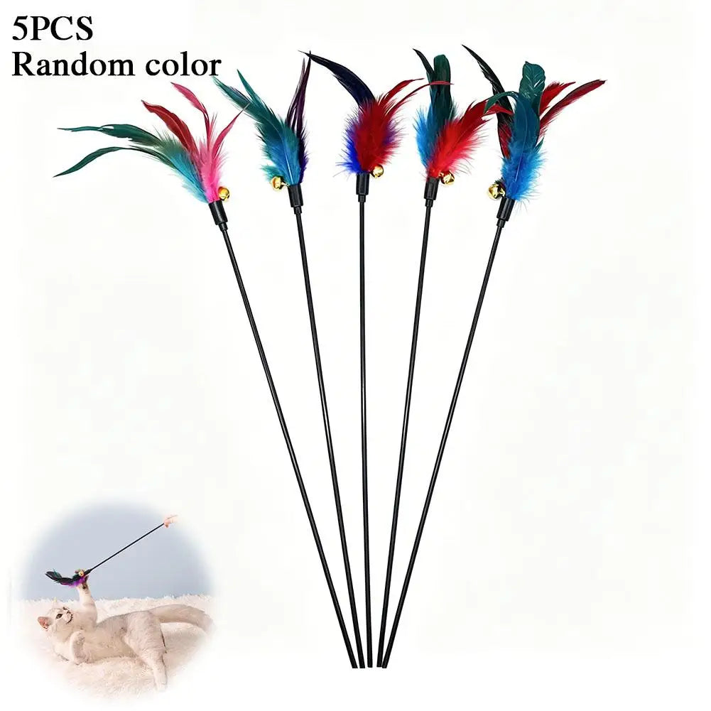 Cat Feather Wand Toy – Interactive Teaser for Indoor Cats (5-Pack)