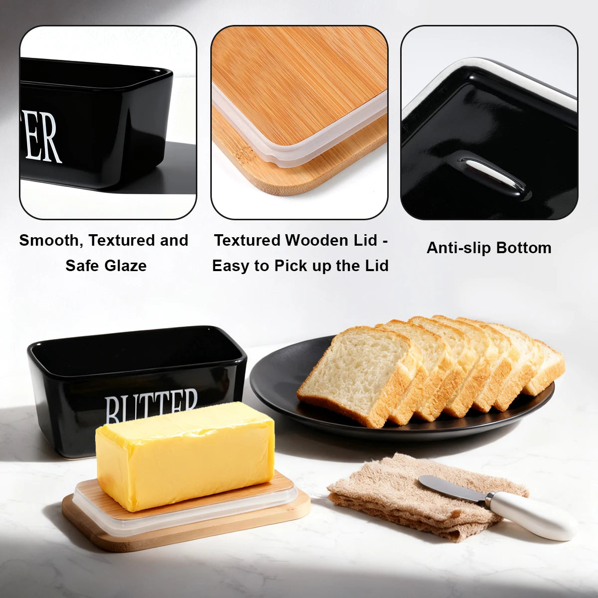 1 Set Of Ceramic Butter Dish With Bamboo Lid And Built-In Knife Butter Keeper With Double Silicone Sealing Ring Kitchen Peaceful Pleasures Health and Wellness
