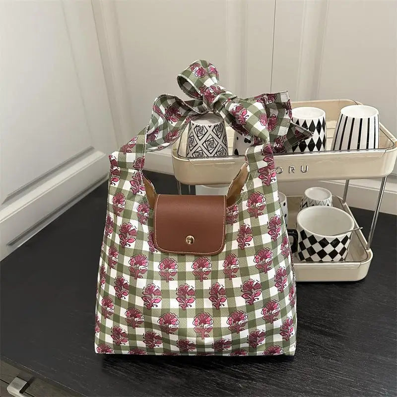 Floral Plaid Canvas Tote Bag – Large Capacity Women's Shoulder
