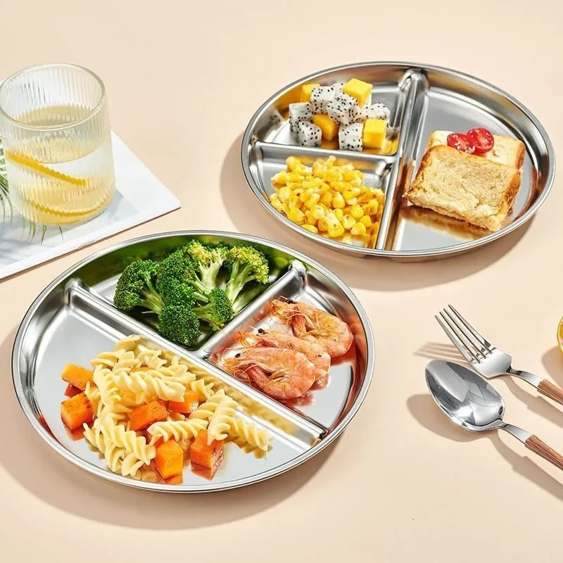 23CM Creative Round Stainless Steel 3 Grid Durable Dinner Plate Serving Tray For Kids Student Quantitative Proportion Meal Plate Peaceful Pleasures Health and Wellness