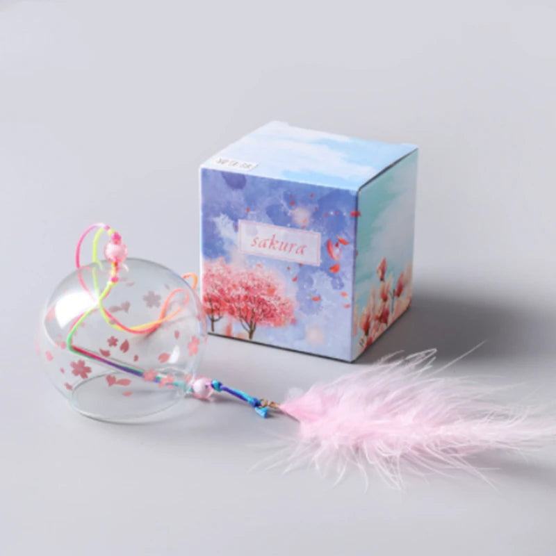 1pcs Japanese Wind Bell Handmade Wind Chimes Glass Furin Home Decors Spa Sakura Kitchen Office Decor Cherry Blossom Pattern Peaceful Pleasures Health and Wellness feather-pink