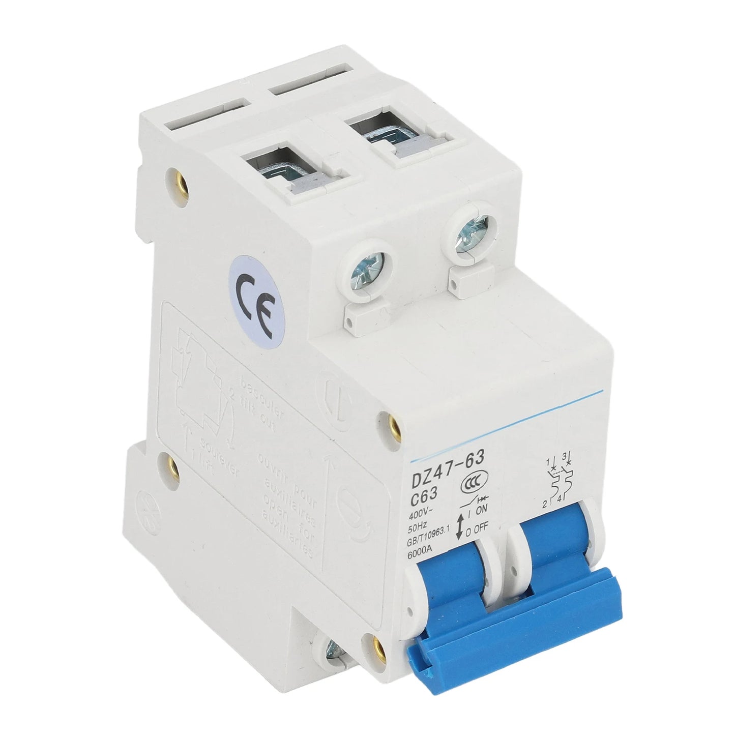 DIN Rail Mount Circuit Breaker 400V Protective 2P Circuit Breaker Flame Retardant Breaking Capacity 6000A for Buildings Peaceful Pleasures Health and Wellness