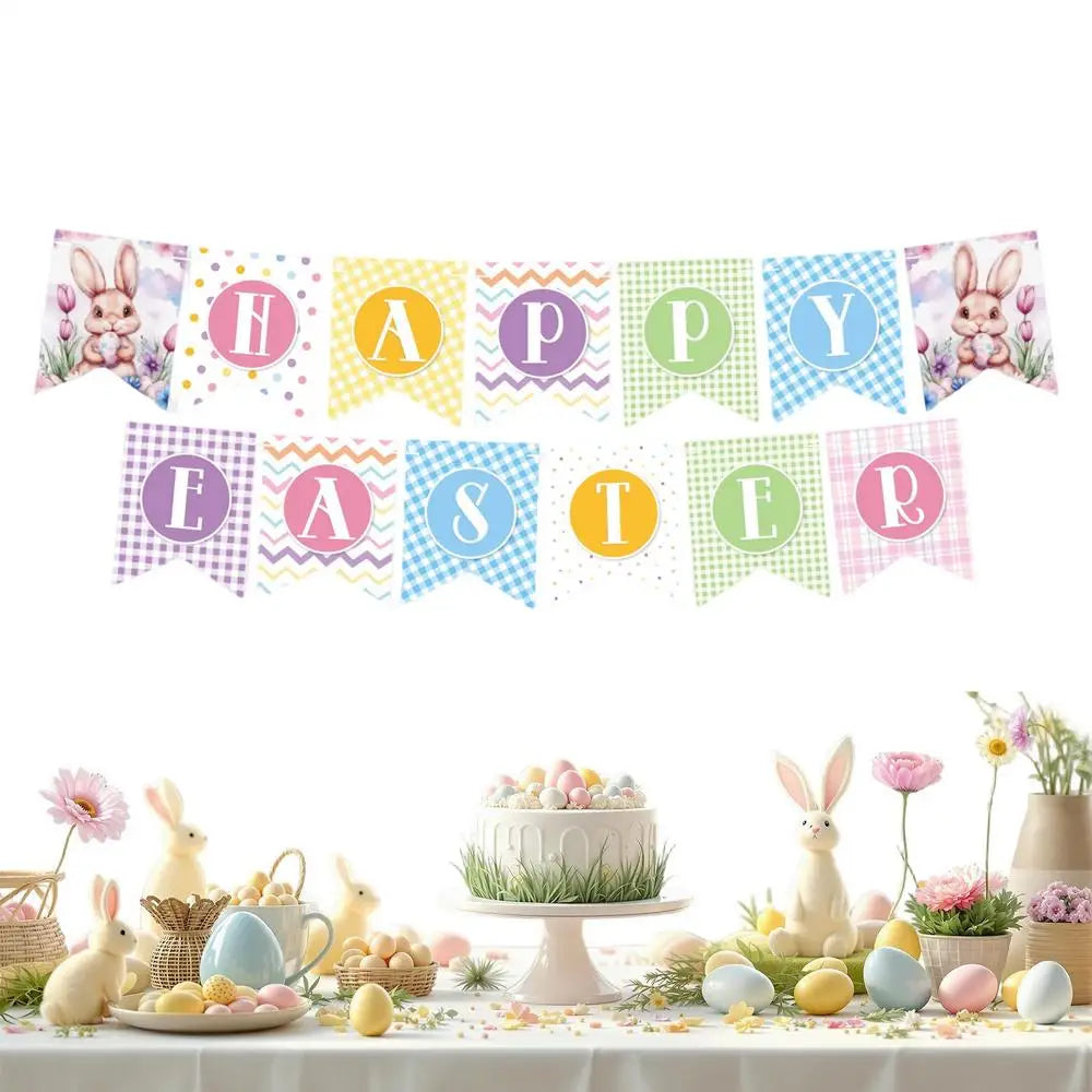 Easter Banner Bunny Egg Pattern Bunting Sign Easter Banners For Front Door For Farmhouse Mantle Fireplace Tree Wall Window Peaceful Pleasures Health and Wellness Pull the flag China Mainland