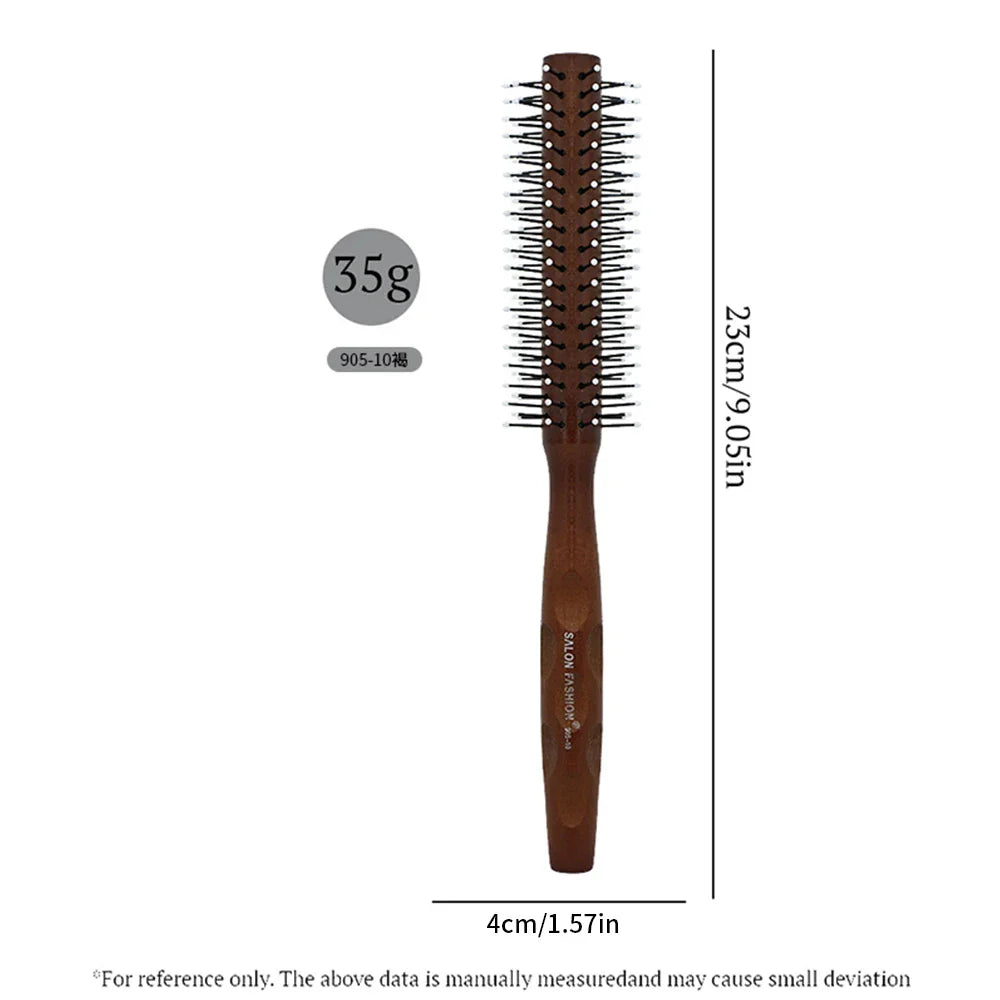 Natural Wood Round Barrel Hair Comb – Anti-Static Brush