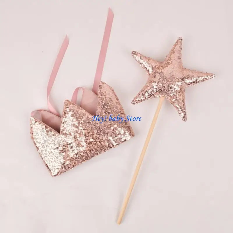 Baby Girl Glitter Crown Hairband & Fairy Star Wand Set | Photo Prop