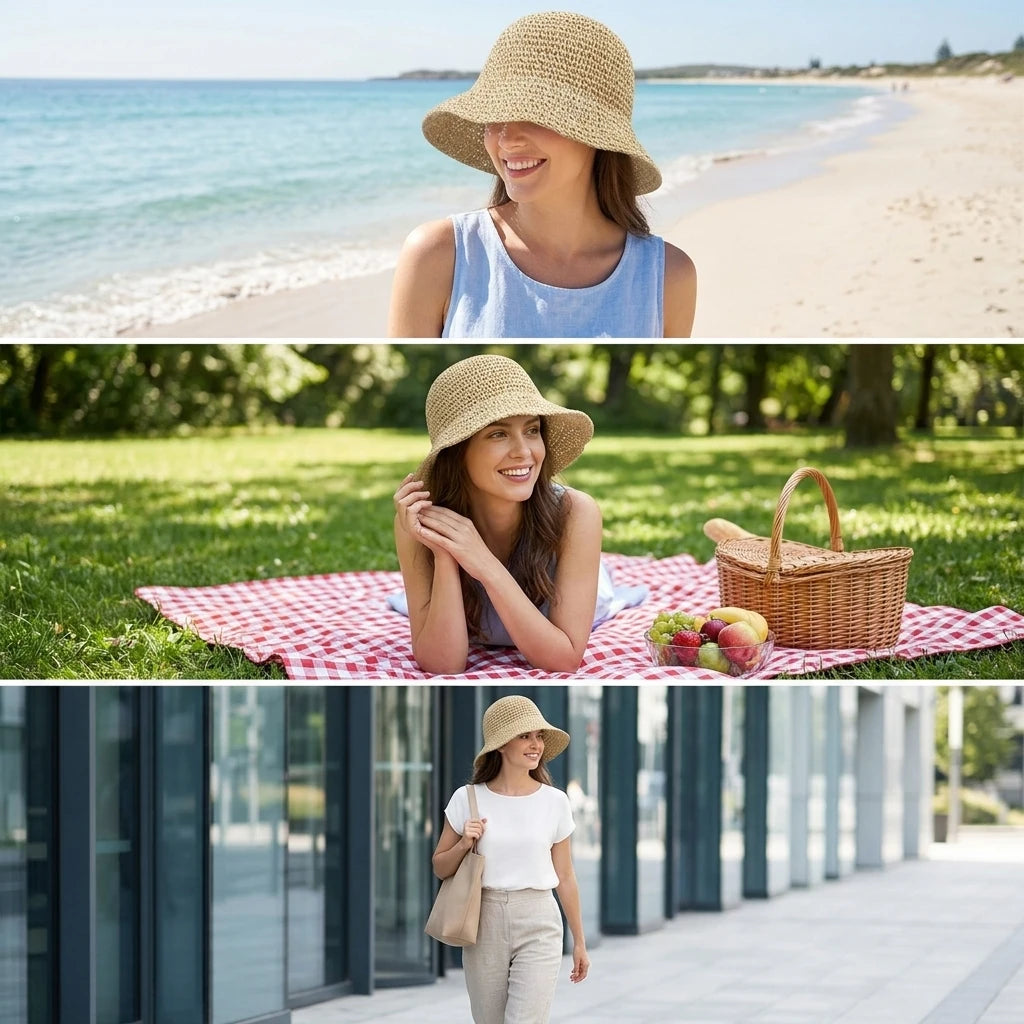 Women Foldable Straw Fisherman Hat Wide Brim for Sun-Protection Beach Travel Peaceful Pleasures Health and Wellness