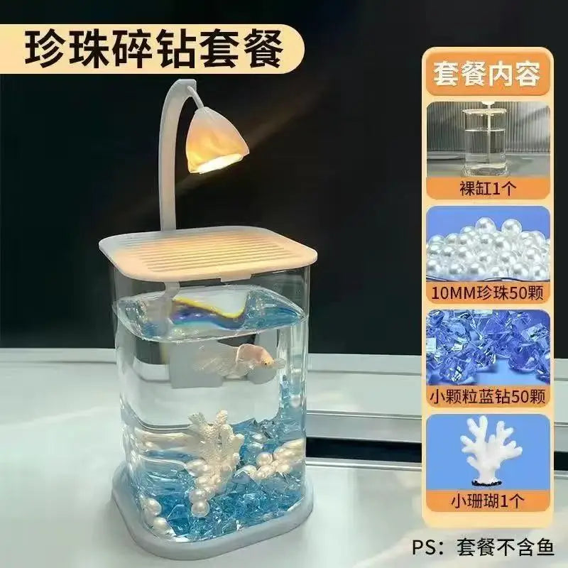 Transparent Fish Tank Ice Crystal Stone Tabletop Creative Ecological Fish Tank Pearl Broken Diamonds Landscape Tank Decoration Peaceful Pleasures Health and Wellness Pearl fish tank
