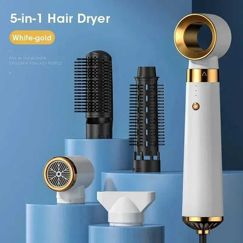 5-in-1 Negative Ion Hair Dryer Styler Straightener Curler Fast Drying Strong Wind 110V/220V for Home Travel Salon Peaceful Pleasures Health and Wellness White with Gold