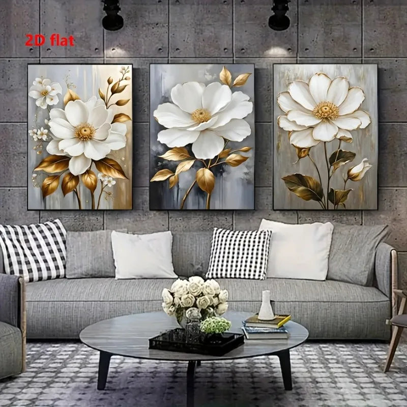3-Piece Golden Leaves White Flowers Canvas Wall Art | Unframed Canvas Wall Art Peaceful Pleasures Health and Wellness