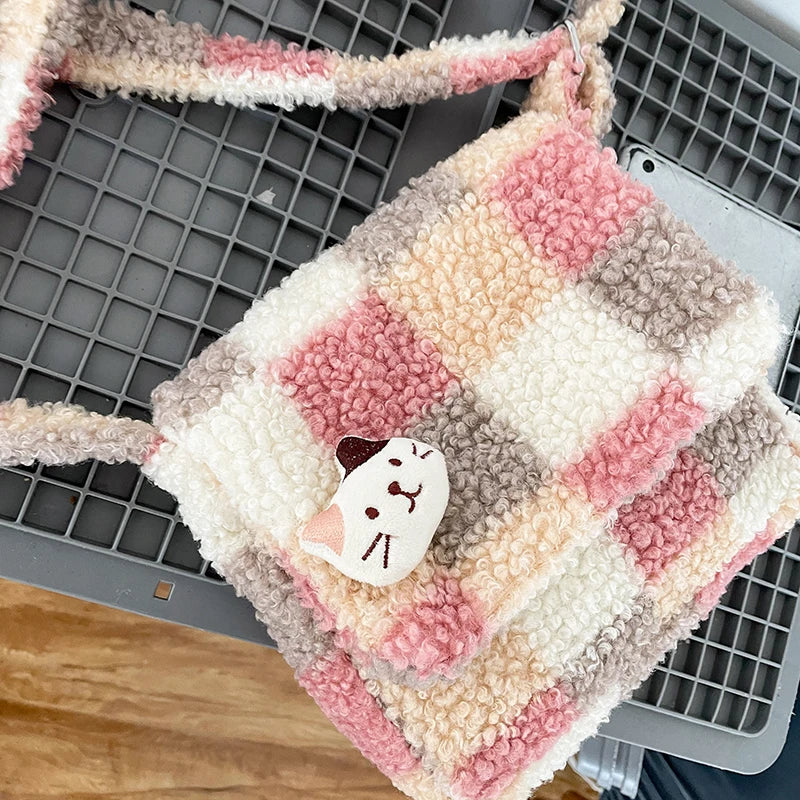 Lambskin Checkered Single-shoulder Bag Women Small Crossbody Bag Casual Cute Messenger Bags Girls Zipper Purse Lamb Like Tote Peaceful Pleasures Health and Wellness