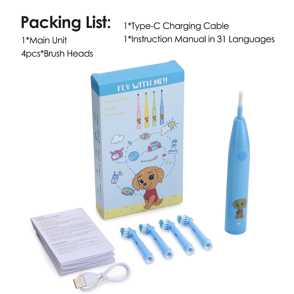 Children's Cartoon Electric Toothbrush with 4 Replacement Heads 5 Cleaning Modes Rotating Smart Rechargeable Auto Tooth Brush Peaceful Pleasures Health and Wellness SKY BLUE