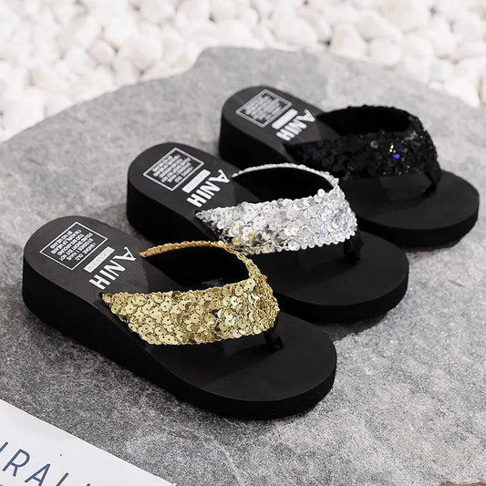 Women's Sequin Platform Wedge Flip Flops – Beach Sandals Platform Wedge Sandals Peaceful Pleasures Health and Wellness