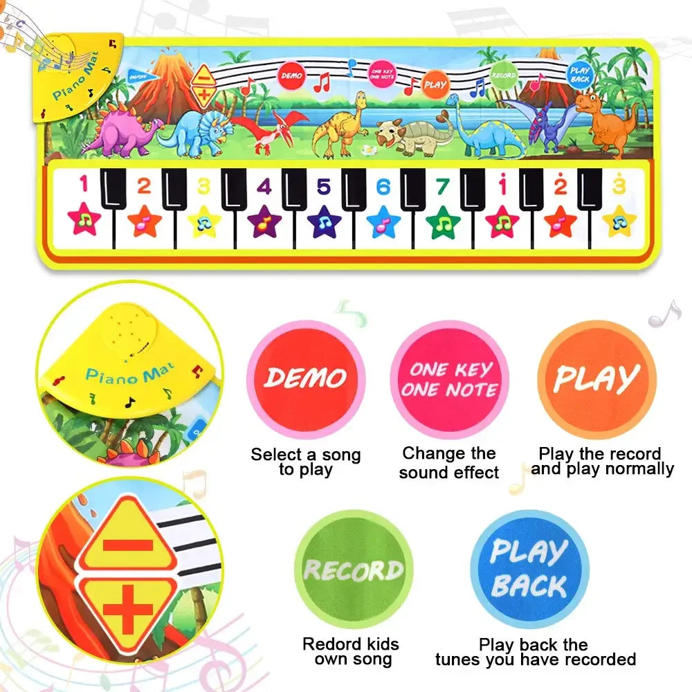 110x36cm Musical Piano Mat Toddle Carpet Toddlers Keyboard 8 Dinosaur