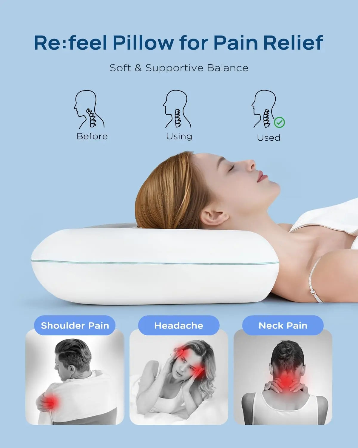Pillow for pain relief with a woman using it, showing before and after effects on pain.