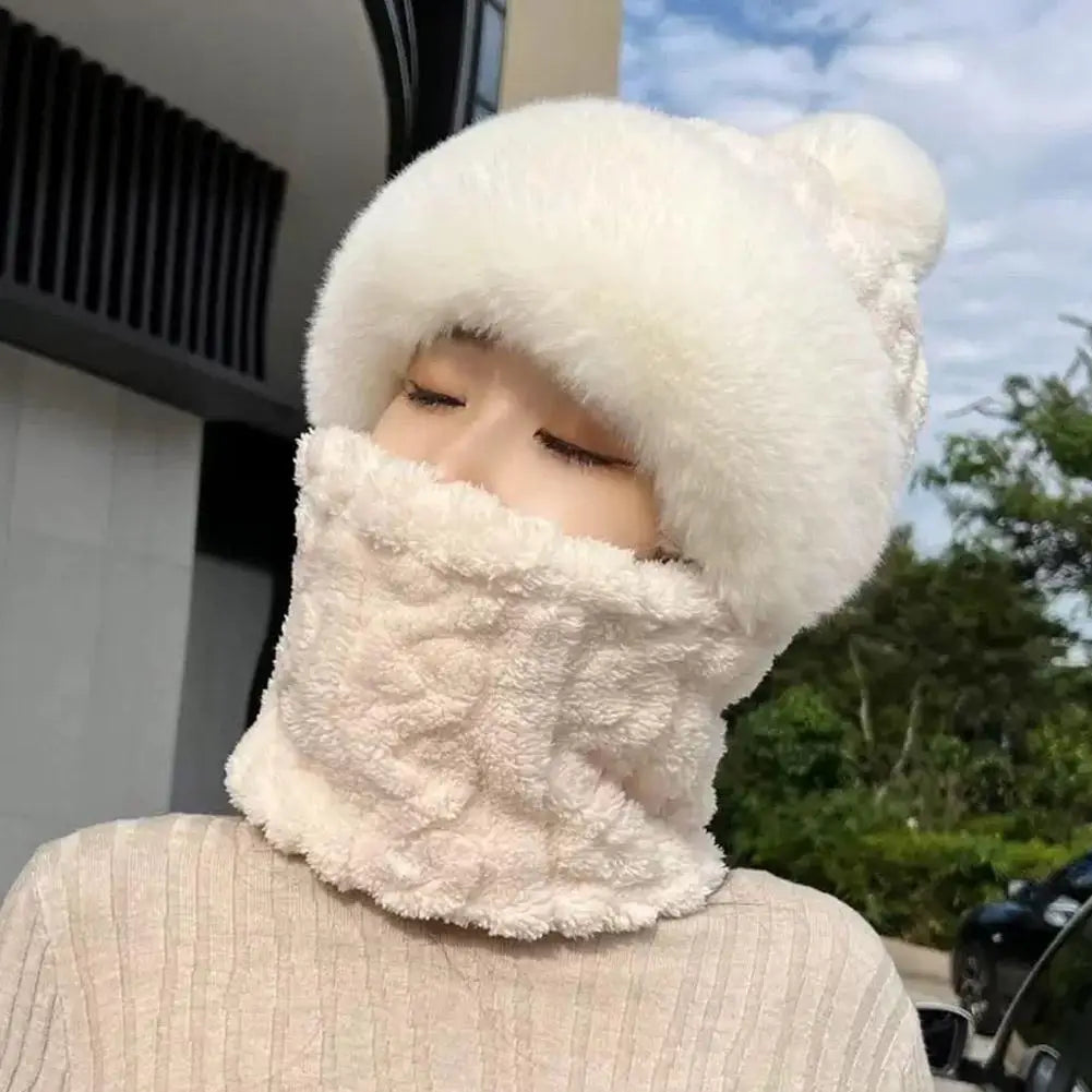 Women's Hooded Plush Winter Beanie – Windproof Fleece Cycling Hat