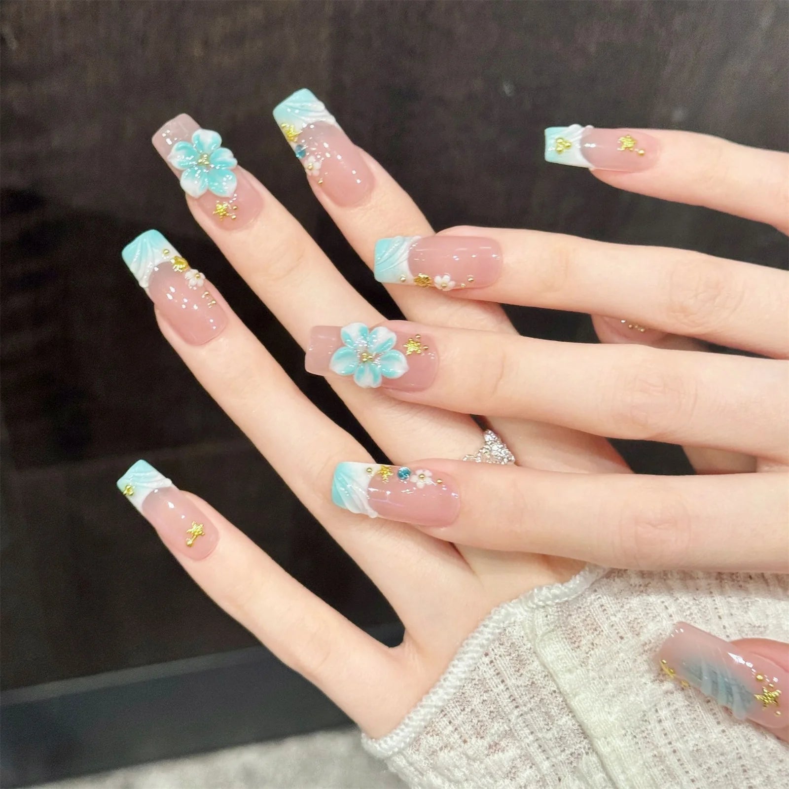 10pcs Handmade Press On Nails Ocean Style False Nails Pink Blue Color 3D Flower Design Long Square French Fake Nail Tip Wearable Peaceful Pleasures Health and Wellness