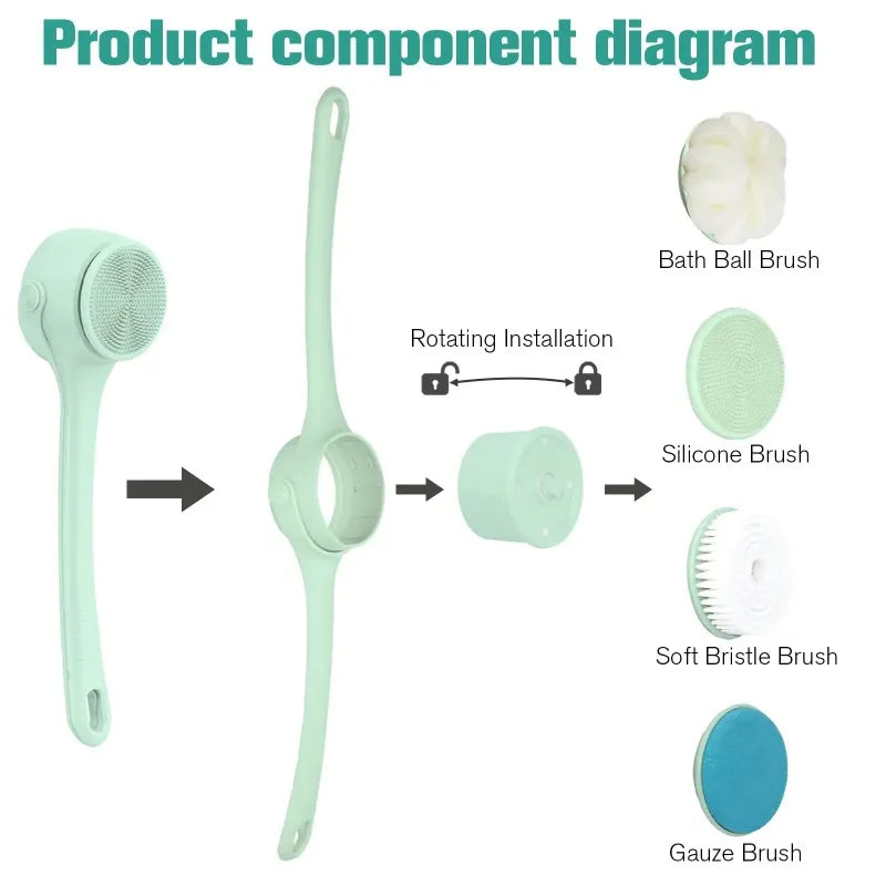 Electric Body Brush 4 Heads Waterproof Long Handle Shower Back Scrubber USB Rechargeable Exfoliating Bath Cleaning Brush Peaceful Pleasures Health and Wellness